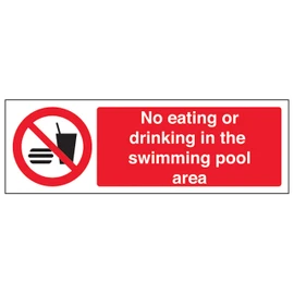 V Safety No Eating Or Drinking In The Swimming Pool Area - Landscape 300 x 100 mm - Glow In The Dark 1mm Rigid Plastic Safety Sign