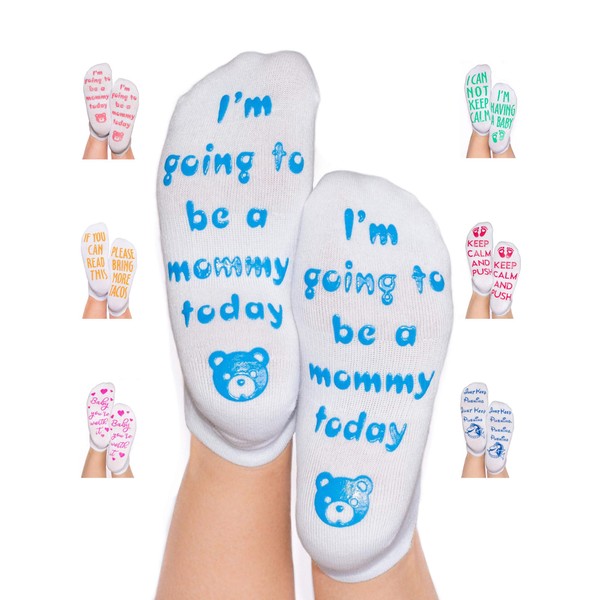DonnaElite Labor & Delivery Inspirational Non Skid Push Maternity Socks | Luxury Combed Cotton Non Slip Grip for Pregnancy and Hospital Bag (Light Blue - I'm Going to Be A Mommy Today)