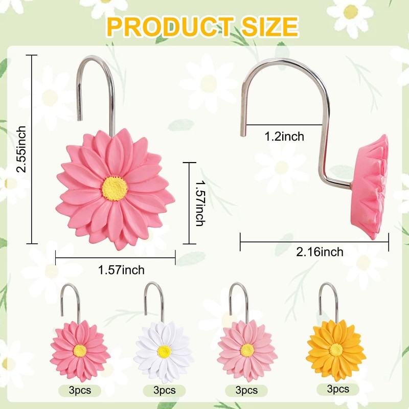 CTOHN 12-Piece Flowers Shower Curtain Hooks, Daisy Floral Stainless Steel