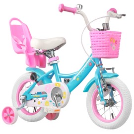 Glerc Maggie Girls Bike, 16 Inch Kids Bike for 4-7 Years Old Children, Princess Style Kids Bicycle with Doll-Seat & Basket & Training Wheels, Blue