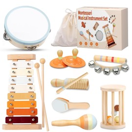 Musical Instruments Set for Toddlers 1 - 5 Years, Montessori Percussion Wooden Toys for Kids Girls Boys - Xylophone Tambourine Maracas, Baby Birthday Music Gift Preschool Educational, with Storage Bag