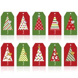 Whaline 50Pcs Christmas Tree Gift Tags with 98.4ft Hemp Rope 3D Glitter Xmas Tree Paper Tags Seasonal Wishes Labels for Xmas Winter Holiday New Year Birthday DIY Gift Party Favor Decor, 10 Designs