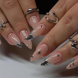 IMRAIN Silver Press on Nails Medium Almond Fake Nails Metal French Tips Glossy False Nails Full Cover Glue on Artificial Nails Nude Acrylic Nails with Star & Rhinestone Designs 24Pcs