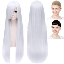 CaseEden Cosplay Wig, Long Straight 31.5 inches (80 cm), Silver, Silver Hair, White Merche Wig Net Set of 2