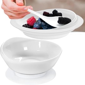 MUSLONG Plate and Bowl with High Rim, BPA-Free, Suction Cup, Anti-Slip, Eating Aid, Raised Edge for the Care of Disabled and Elderly People (White, Bowl + Plate)