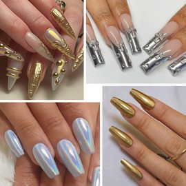 Gold Silver Chrome Nail Powder, 6 Colors Holographic Unicorn Iridescent Nail Chrome Powder, Metallic Mirror Effect Light Gold Champagne Chrome Powder Palette Pigment Glitter for Nail Art