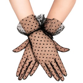 KinetiCore Black Lace Gloves Women Short Lace Gloves Elegant Mesh Dot Gloves for Ladies Bridal Wedding Tea Party Costume(Black)