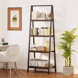 Homeiju Ladder Shelf, 4-Tier Leaning Ladder Bookshelf, Rustic and Wood Ladder Shelf Bookcase, Industrial Ladder Shelf Storage Rack for Home Office, Bedroom, Bathroom or Kitchen