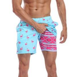 LRD Mens Swim Trunks with Compression Liner 7 inch Inseam Quick Dry Swim Shorts Party Like a Flock Star/Tribal - M