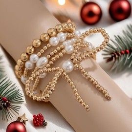 Bow Bracelets For Women, Gold Ball Pearl Bead Stackable Bow Bracelet Statement Bohemian Stretch Layered Beaded Bracelets Stack Xmas Birthday Jewelry Gifts (Gold Set)