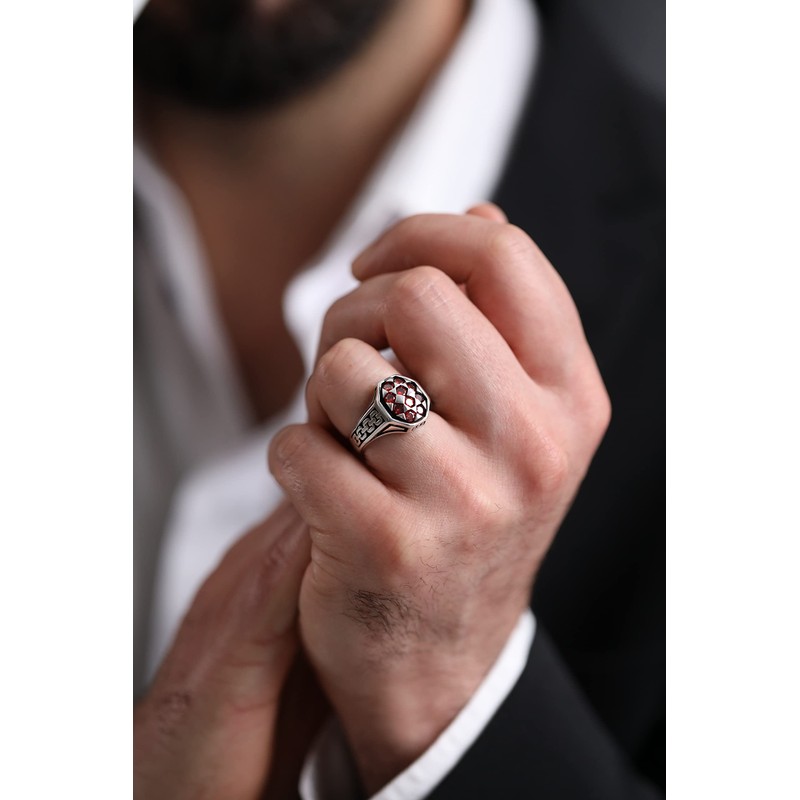 Solid 925 Sterling Silver Red Simulated Ruby Stone Luxury Men's