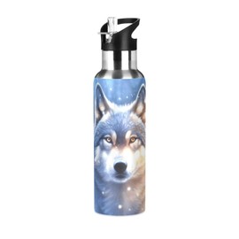 Mnsruu Wolf Water Bottle for Boys Girls Kids Stainless Steel Drink Flask Straw Vacuum Insulated Leakproof Thermos for Sports 600 ml