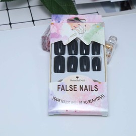 TseenYi Artificial Nails Pure Black Long Square Head False Nails Plain Full Cover Shiny Coffin Fake Nails for Women and Girls (Pack of 24)