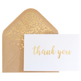 CHRIZ.Z Thank You Cards - Blank 50 Pack White Matte Finish Cards with Gold Foiled Thank You Printed with 52 Confetti Design Kraft Envelopes 4" x 6" - for Bridal Shower Baby Shower Birthday Party