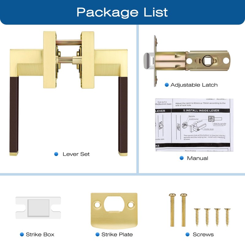 EHOMEWARE 1 Pack Gold Door Lever with Bronze Leather Handle,