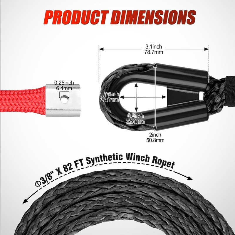 Nilight Synthetic Winch Rope, 3/8 Inch x 82 FT 25000