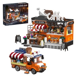 City Coffee House Building Blocks Set, 1185 Pcs Cafe Shop Building Toys with Bar Counter Mobile Coffee Car,STEM Construction Toys Model for Home Decor, Gift for Adults Teens Boys Girls 8-12+