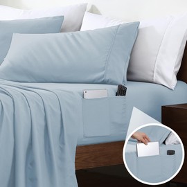 Swift Home Smart Sheets, Ultra Soft Brushed Microfiber 4-Piece Sheet Set, Fitted Bed Sheet with Side Storage Pockets – Blue Fog, King