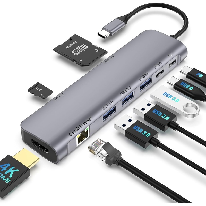 HUB C 9 en 1 USB con HDMI 4K, PD