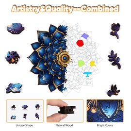 Leodozzio Wooden Puzzles for Adults, Mandala Blue Jigsaw Puzzles 500 Pieces, 16.9x16.9 Inch, Unique Shaped Wooden Puzzle, Birthday Gift Family Game Royal Size