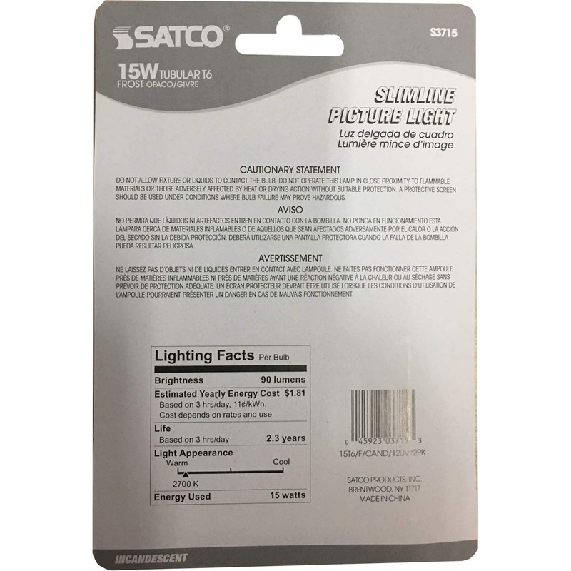 Satco S3715 120V Candelabra Base 15-Watt T6 Switchboard Bulb, Frosted