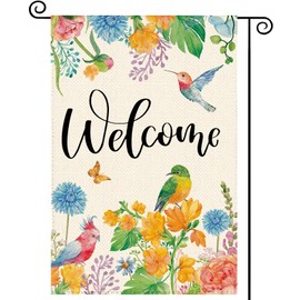 Tikeciti Summer Hummingbird Parrot Welcome Garden Flag 12 x 18 Inch Double Sided, French Vintage Peony Floral Farmhouse Burlap Small Yard Flag Seasonal Holiday Outdoor Outside Decoration