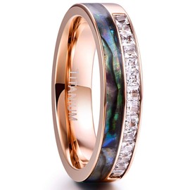 Cloyo Mens Womens 6mm Rose Gold Engagement Ring Stainless Steel Cubic Zirconia Wedding Band Inlaid with Abalone Shell Size P
