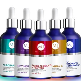 MIST JEWEL Kit sueros faciales Acido Hialurónico, Retinol, Vitamina C  E, Glicólico y Niacinamida  Conjunto de serums Avanzado 5 serum (KIT Facial... 