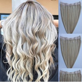 Hair Faux You One Piece 100% Human Hair Extensions, Hairband with an adjustable invisible wire Fishing String, Color #18/613 Dark Blonde with Platinum Blonde (20" 100 grams)