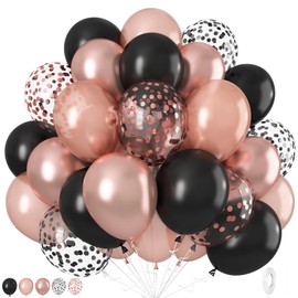 Rose Gold and Black Balloons, 12 Inch Black and Rose Gold Balloons, Metallic Rose Gold Black Confetti Helium Balloons Set for Birthday Baby Shower Wedding Graduation Engagement Party Decoration