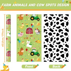 WERNNSAI Farm Animal Wrapping Paper - 1 Roll 17” x 33 ft Farm Baby Animal Wrapping Paper Kids Birthday Gift Wrap Supply Green Animal Decor Favor Cow Prints Baby Shower Design