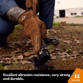 VZT 12 Pairs Bulk Leather Work Gloves for Men or Women for Construction, Wood Working, Driving, Gardening, Automotive Repair, Soft, Cowhide Thickened, Water Resistant, Brown, XXL
