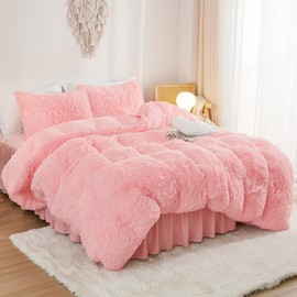 annadaif Fluffy Duvet Cover Queen Size, Pink Plush Shaggy Faux Fur Comforter Cover Velvet Bedding Set with Zipper Closure(1 Duvet Cover, 2 Pillowcases)