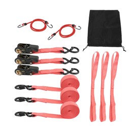 munirater 4PCS Red S-Hooks Ratchet Tie Down Strap Kit 2200 Lbs Breaking Strength with 2 Bungee Cords 4 Soft Loops and Storage Bag Replacement for Ruck Carriages Trailers Flatbeds Motorcycles Atvs