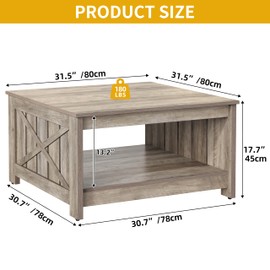 DWVO Square Coffee Table for Living Room, Farmhouse Coffee Table with Storage, 2-Tier Wood Coffee Tables Center Table with Half Open Storage Compartment, Rustic Grey
