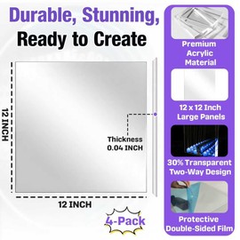 4 Pcs 12 x 12 Inch Acrylic Two Way Mirror Sheets, 30% Transparent Panels