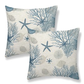 JEFERSO Nautical Coastal Pillow Covers 18x18 Set of 2 Blue Seashell Coral Starfish Throw Pillows Beach Themed Ocean Decorative Pillow Cases Summer Outdoor Farmhouse Cushion Case for Couch Sofa Decor