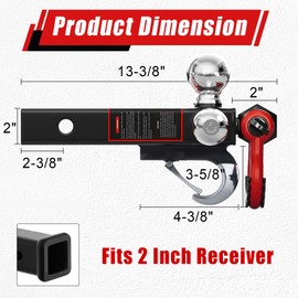 TYT Tri Ball Hitch Trailer Mount with Locks, Tow Hook & Clevis Shackle, Fits 2 Inch Receiver with 2-5/16", 2", 1-7/8" Ball, Black