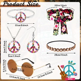 UxClishe 8 Pcs Hippie Costume Set for Women, 60s 70s Hippiy Fancy Dress Outfit Hippie Dress Up with Headband Fringe Vest-XXL