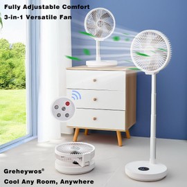 Greheywos 10 inch Foldable Rechargeable Oscillating Fan, 7200mAh Battery Operated Standing Fan with Remote, 6 Speeds and timing function, Ultra-quiet Pedestal Fans for Bedroom Office Camping Travel