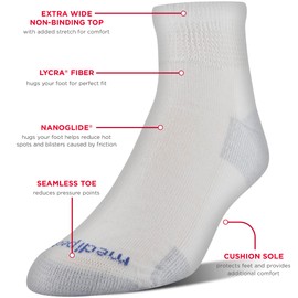 MediPeds unisex adult Nanoglide Quarter Socks, 4-pack Casual Sock, White/Grey, Shoe Size Mens 7-12 Womens 10-13 US
