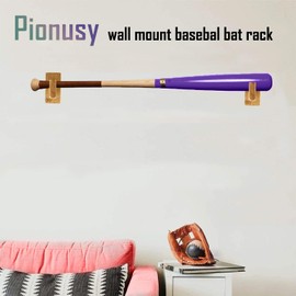 Pionusy Wall Mount Baseball Bat Rack, Hockey Bat Holder, Baseball Racket Holder, Wooden Stick Rack, 2 Pieces, Wood Color