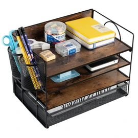 4 Tier Desk Organizers and Accessories, Paper Letter Tray Organizer,Vintage Wood Desk File Organizer with Drawer and 2 Pen Holders for School Home Office Supplies