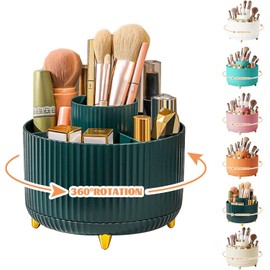 360° Rotating Make-Up Organiser with 5 Compartments – Multi-Functional Brush Holder & Cosmetic Storage for Vanity, Dressing Table, Bedroom & Bathroom – Stylish Room Décor in Green