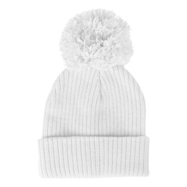 Baby Knitted Hat, Boys & Girls Winter Wooly Hat with Pom-Pom, Ribbed Knit Baby Beanie, White, 0-3 Months