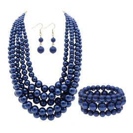 iSPECIAL Colorful Faux Pearl Jewelry Set for Women Layered Chunky Necklace, Earrings, and Bracelet Fashion Costume Jewelry Set (Navy Blue pearl necklace set)