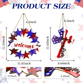 DTBYATE 2 Piece Wooden 4th of July Decoration Door Front Door Sign Star Wall Signs Independence Day Patriotic Day Wreath Welcome Memorial Day Hanging for Memorial Day Porch Wall Indoor Home Decor
