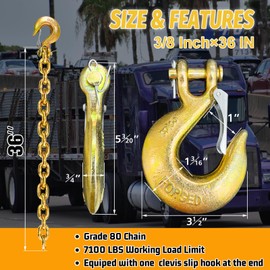 3/8" Trailer Safety Chains G80 Trailer Chains with G70 Clevis Safety Hooks 36" | 7100 lbs Safety Working Load 27000 lbs Break Strength Heavy Duty Transport Chains Truck Towing Chains (2 Pack Yellow)