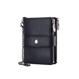 PORRASSO Leather Wallet RFID Protection Women's Wallet Credit Card Holder with Chain Multifunctional Wallet Double Men's Wallet, black, rfid wallet
