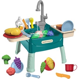 Play Sink with Running Water For Toddlers,Pretend Kitchen Toys for Kids with Tableware Accessories Vegetable Fruit,Pretend Role Play Dishwasher Toy with Tap,Gifts for Boys Girl,Green